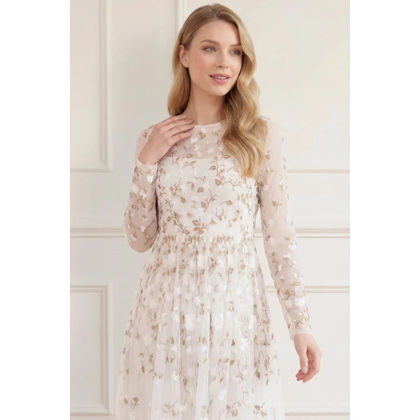 Needle & Thread Trailing Roses Long Sleeve Ankle Gown in Swan/White - Dresses - British Luxury Evening Wear at Coveti