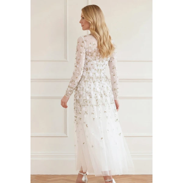 Needle & Thread Trailing Roses Long Sleeve Ankle Gown in Swan/White - Dresses - British Luxury Evening Wear at Coveti
