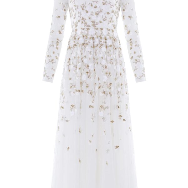 Needle & Thread Trailing Roses Long Sleeve Ankle Gown in Swan/White - Dresses - British Luxury Evening Wear at Coveti