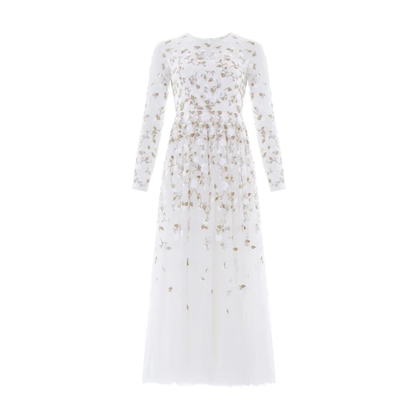 Needle & Thread Trailing Roses Long Sleeve Ankle Gown in Swan/White - Dresses - British Luxury Evening Wear at Coveti