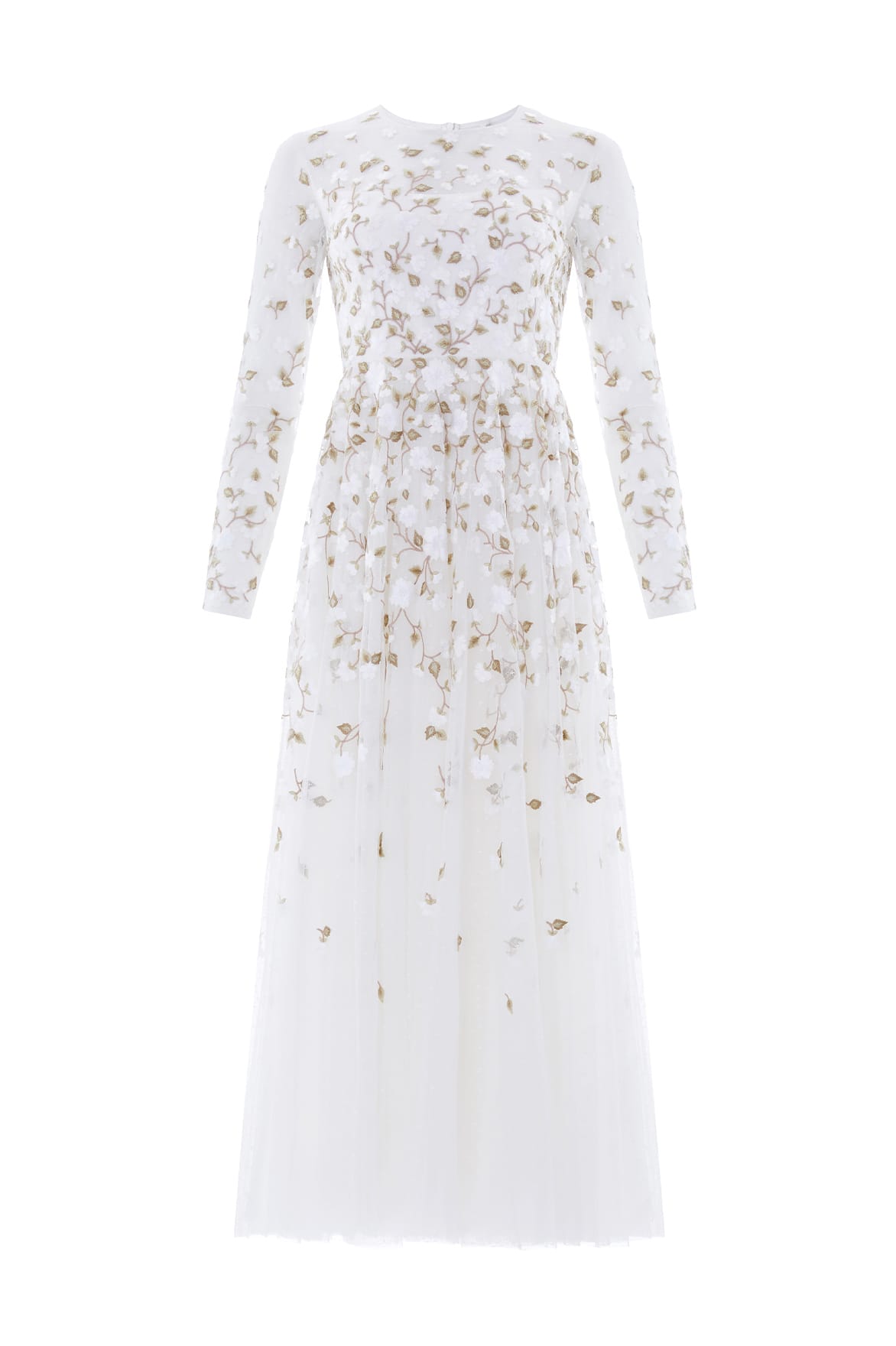 Needle & Thread Trailing Roses Long Sleeve Ankle Gown in Swan/White - Dresses - British Luxury Evening Wear at Coveti