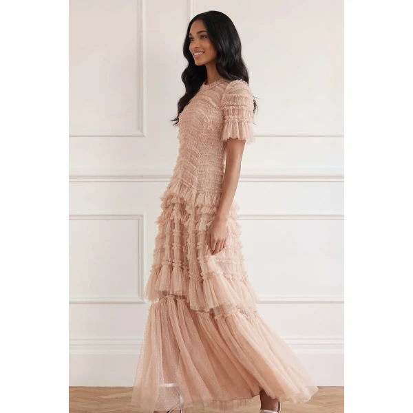 Needle & Thread Valentine Ruffle Gown in Biscuit - Dresses - British Luxury Evening Wear at Coveti