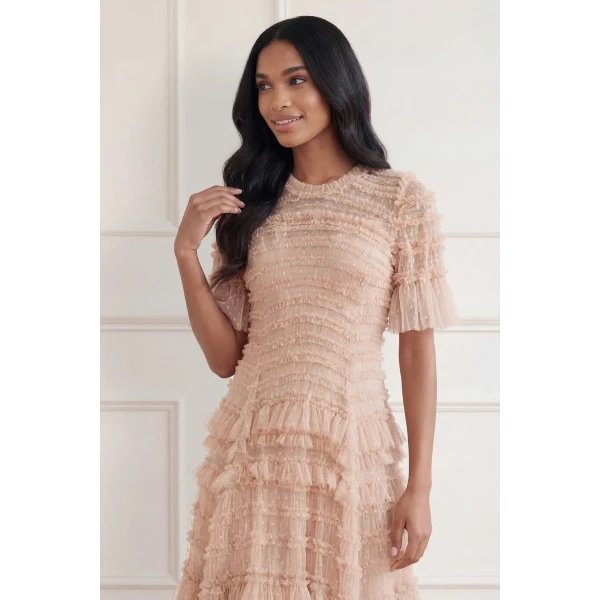 Needle & Thread Valentine Ruffle Gown in Biscuit - Dresses - British Luxury Evening Wear at Coveti