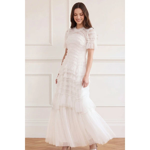 Needle & Thread Valentine Ruffle Gown in Swan White - Dresses - British Luxury Evening Wear at Coveti