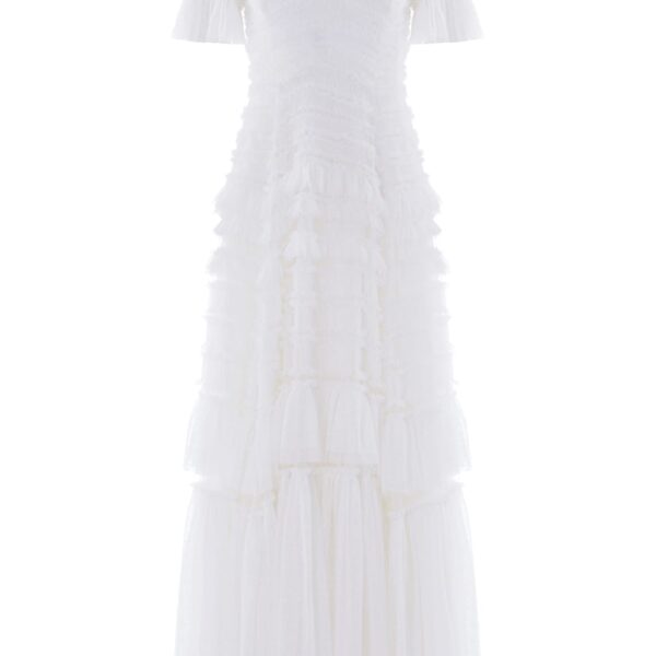 Needle & Thread Valentine Ruffle Gown in Swan White - Dresses - British Luxury Evening Wear at Coveti