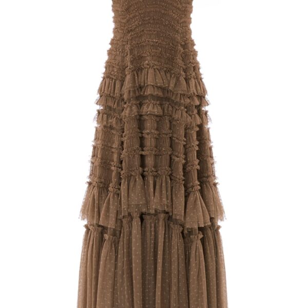 Needle & Thread Valentine Ruffle Strapless Gown in Cocoa - Dresses - British Luxury Evening Wear at Coveti