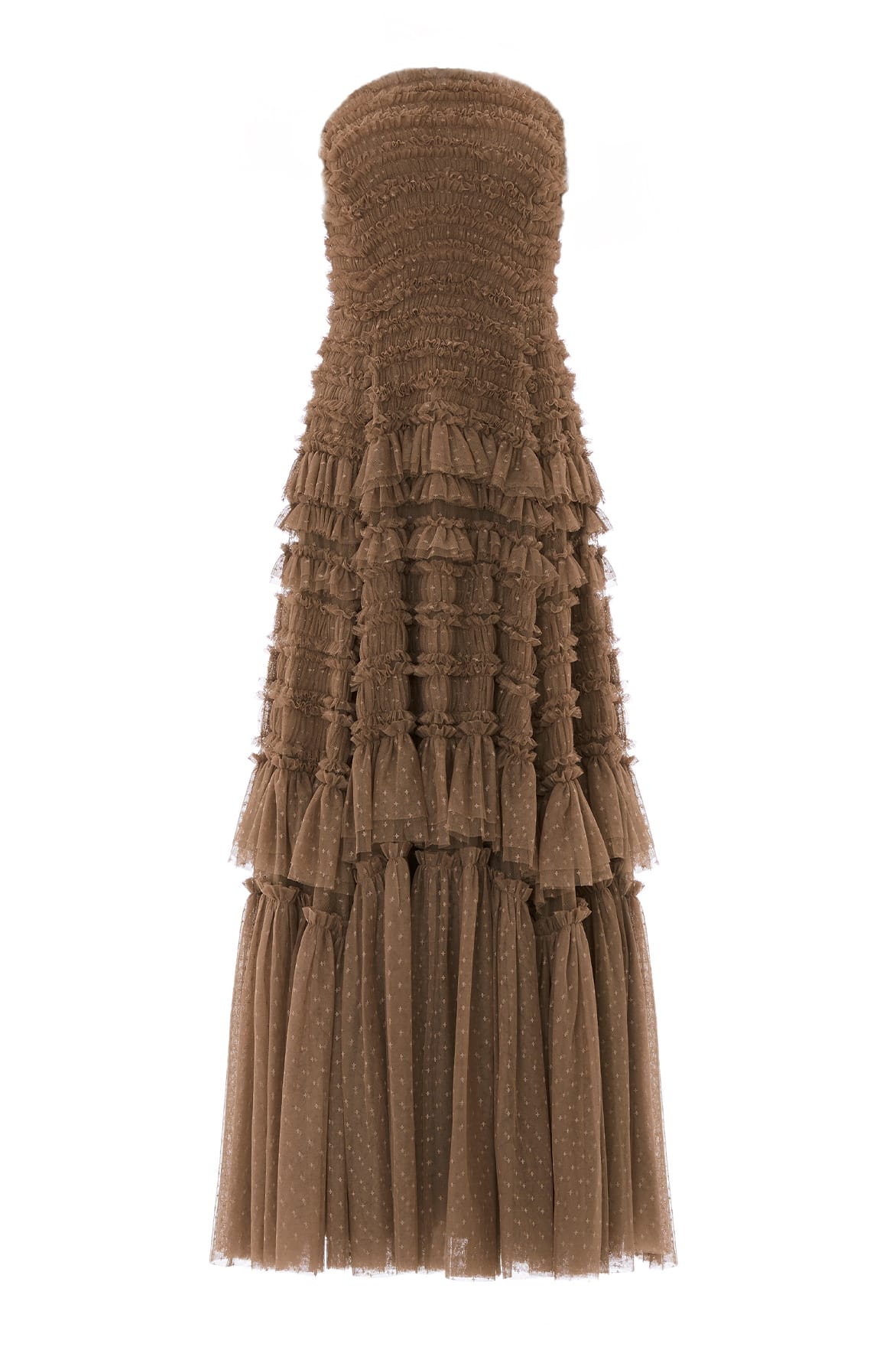 Needle & Thread Valentine Ruffle Strapless Gown in Cocoa - Dresses - British Luxury Evening Wear at Coveti