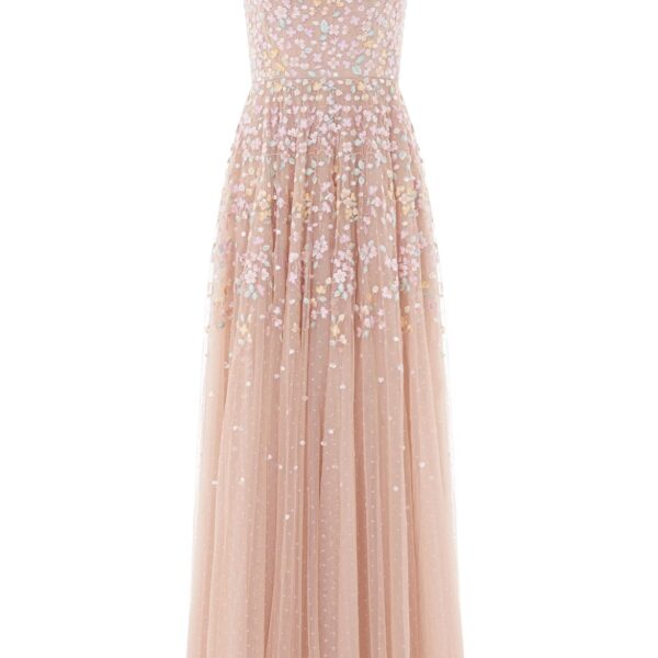 Needle & Thread Versailles Ditsy Cowl Neck Gown in Biscuit/Pale - Dresses - British Luxury Evening Wear at Coveti