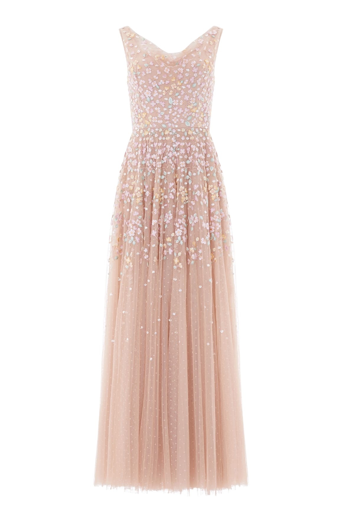 Needle & Thread Versailles Ditsy Cowl Neck Gown in Biscuit/Pale - Dresses - British Luxury Evening Wear at Coveti