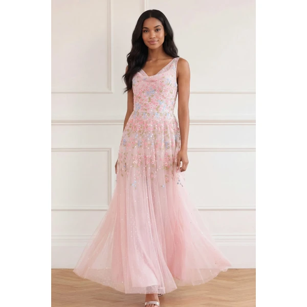 Needle & Thread Versailles Ditsy Cowl Neck Gown in Shell/Bright - Dresses - British Luxury Evening Wear at Coveti