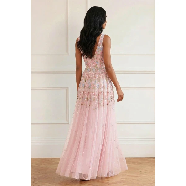 Needle & Thread Versailles Ditsy Cowl Neck Gown in Shell/Bright - Dresses - British Luxury Evening Wear at Coveti