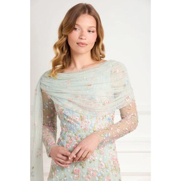 Needle & Thread Versailles Ditsy Draped Long Sleeve Ankle Gown in Sea Mist/Bright - Dresses - British Luxury Evening Wear at Coveti