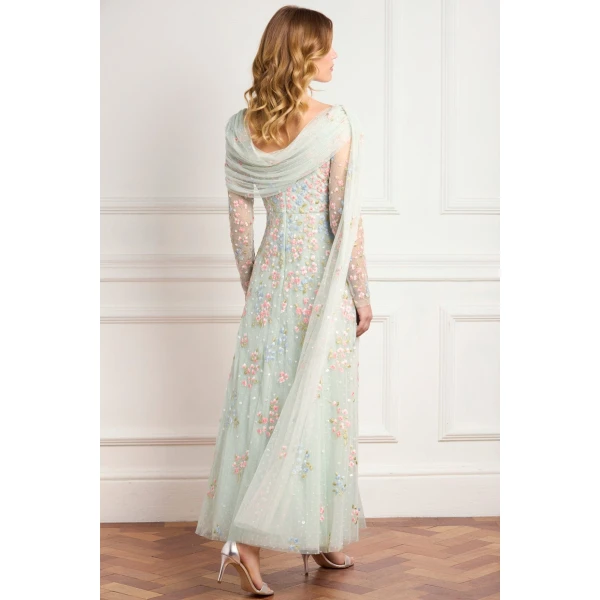 Needle & Thread Versailles Ditsy Draped Long Sleeve Ankle Gown in Sea Mist/Bright - Dresses - British Luxury Evening Wear at Coveti