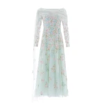 Needle & Thread Versailles Ditsy Draped Long Sleeve Ankle Gown in Sea Mist/Bright - Dresses - British Luxury Evening Wear at Coveti