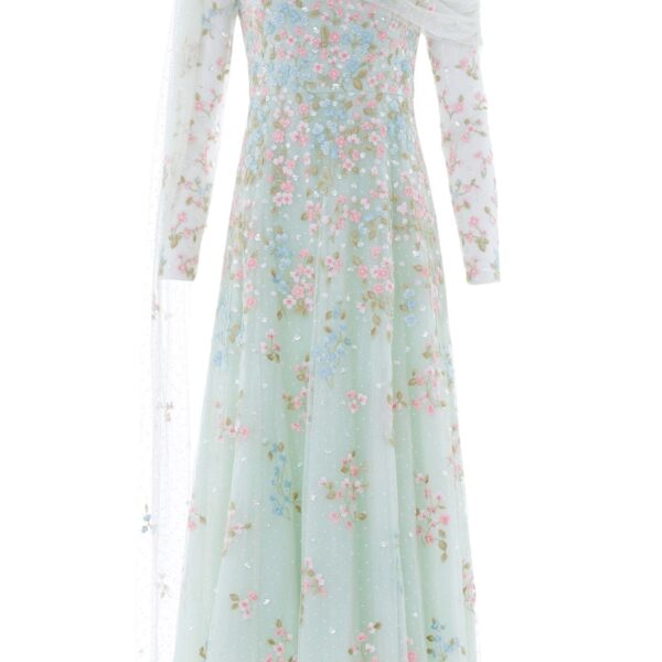 Needle & Thread Versailles Ditsy Draped Long Sleeve Ankle Gown in Sea Mist/Bright - Dresses - British Luxury Evening Wear at Coveti