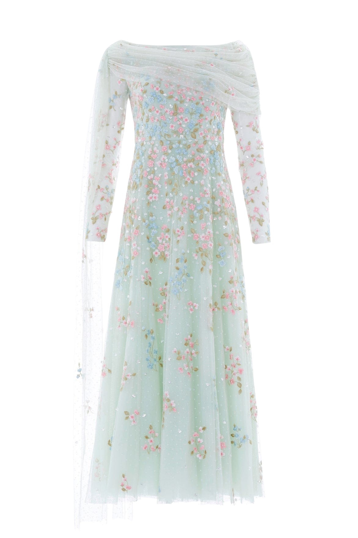 Needle & Thread Versailles Ditsy Draped Long Sleeve Ankle Gown in Sea Mist/Bright - Dresses - British Luxury Evening Wear at Coveti
