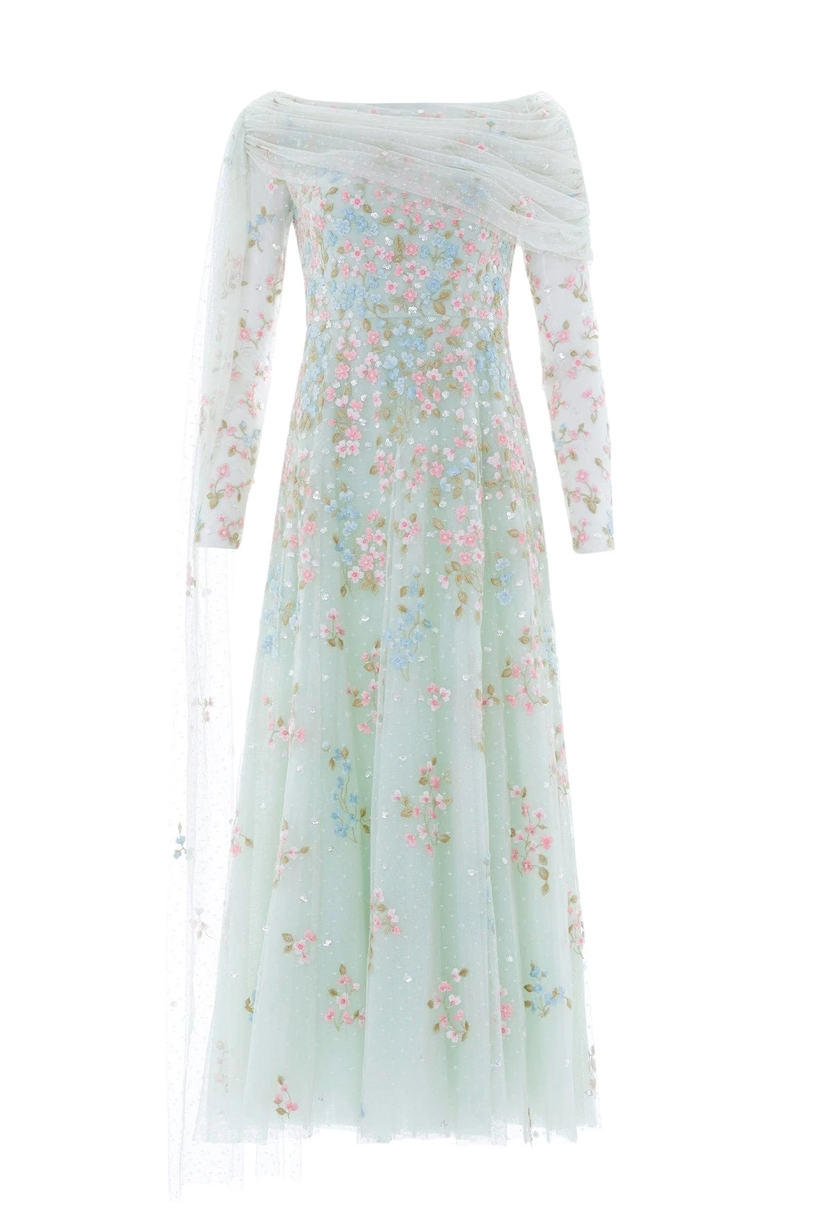 Needle-Thread-Versailles-Ditsy-Draped-Long-Sleeve-Ankle-Gown-in-Sea-MistBright-Coveti47106_nobg Needle & Thread Versailles Ditsy Draped Long Sleeve Ankle Gown in Sea Mist/Bright - Dresses - British Luxury Evening Wear at Coveti