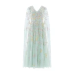 Needle & Thread Versailles Ditsy V-Neck Cape Sleeve Ankle Gown in Sea Mist/Pale - Dresses - British Luxury Evening Wear at Coveti