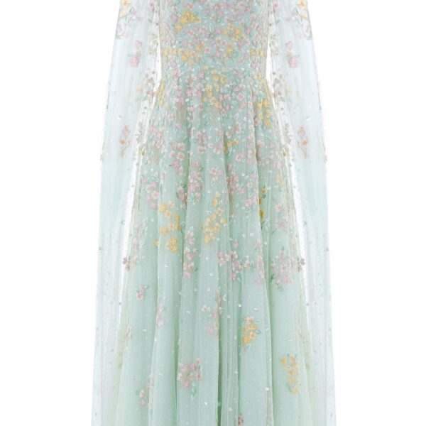 Needle & Thread Versailles Ditsy V-Neck Cape Sleeve Ankle Gown in Sea Mist/Pale - Dresses - British Luxury Evening Wear at Coveti
