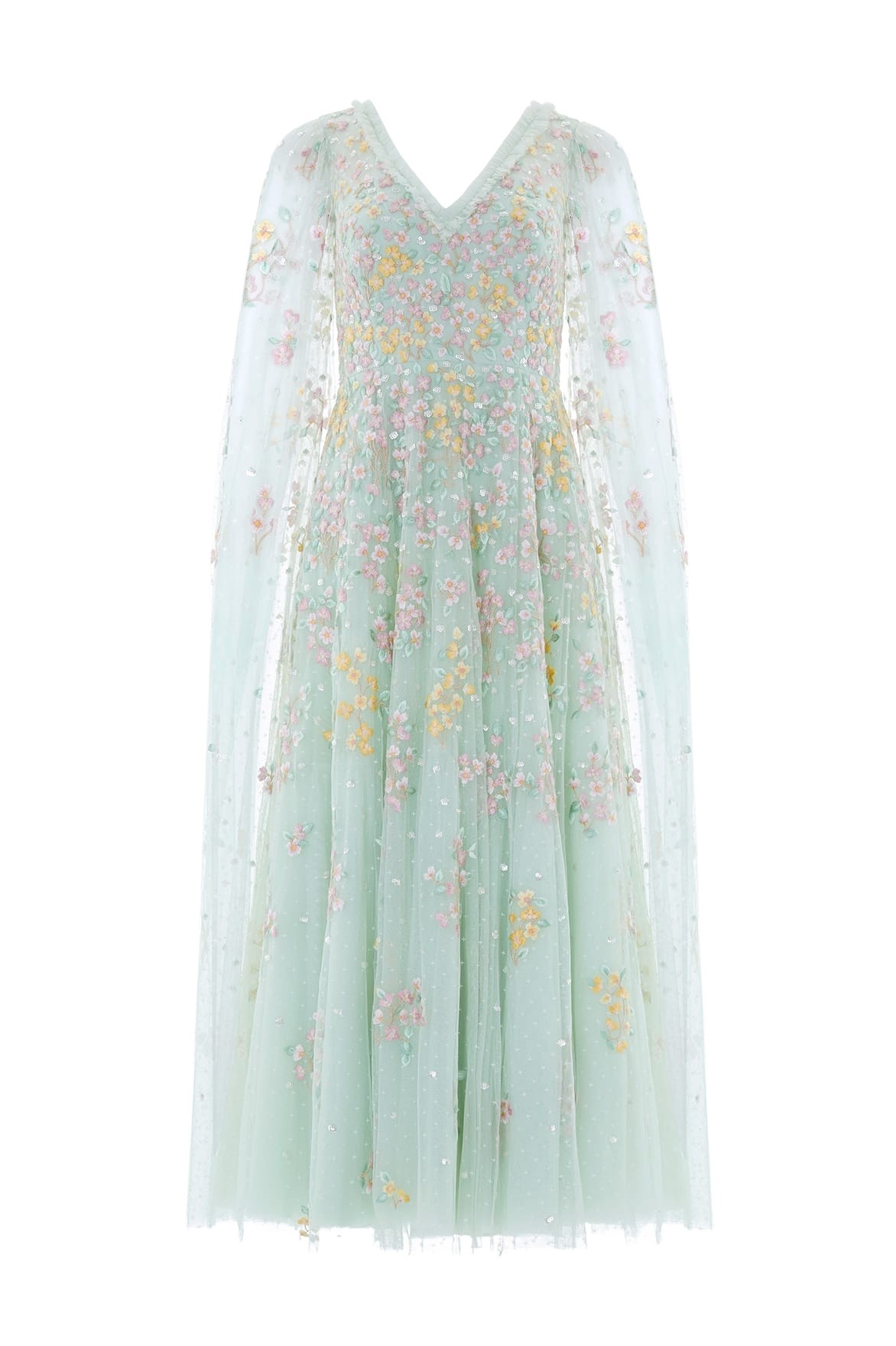 Needle & Thread Versailles Ditsy V-Neck Cape Sleeve Ankle Gown in Sea Mist/Pale - Dresses - British Luxury Evening Wear at Coveti
