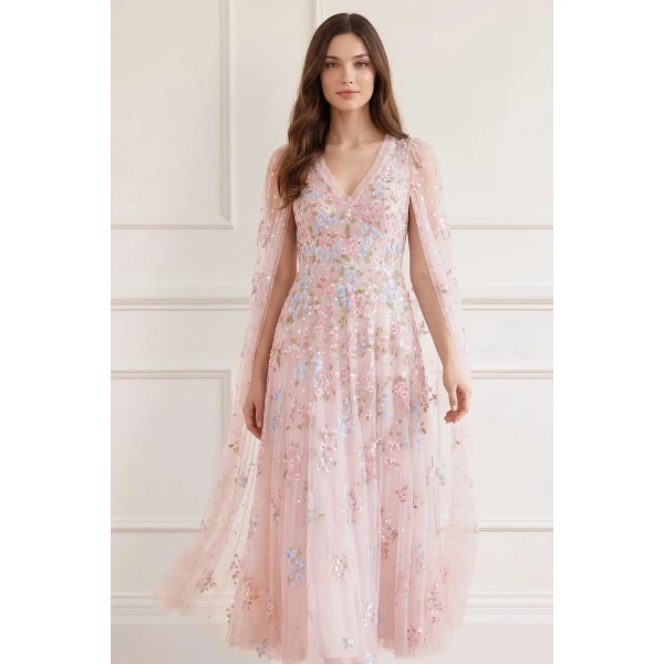 Needle & Thread Versailles Ditsy V-Neck Cape Sleeve Ankle Gown in Shell/Bright - Dresses - British Luxury Evening Wear at Coveti