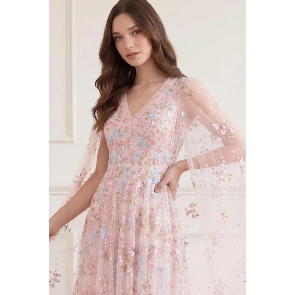 Needle & Thread Versailles Ditsy V-Neck Cape Sleeve Ankle Gown in Shell/Bright - Dresses - British Luxury Evening Wear at Coveti