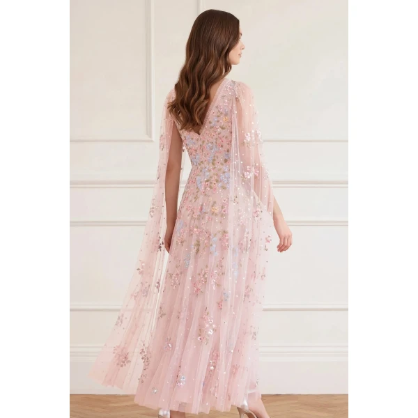 Needle & Thread Versailles Ditsy V-Neck Cape Sleeve Ankle Gown in Shell/Bright - Dresses - British Luxury Evening Wear at Coveti