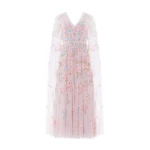 Needle & Thread Versailles Ditsy V-Neck Cape Sleeve Ankle Gown in Shell/Bright - Dresses - British Luxury Evening Wear at Coveti