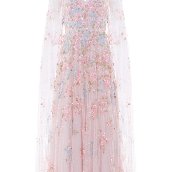 Needle & Thread Versailles Ditsy V-Neck Cape Sleeve Ankle Gown in Shell/Bright - Dresses - British Luxury Evening Wear at Coveti