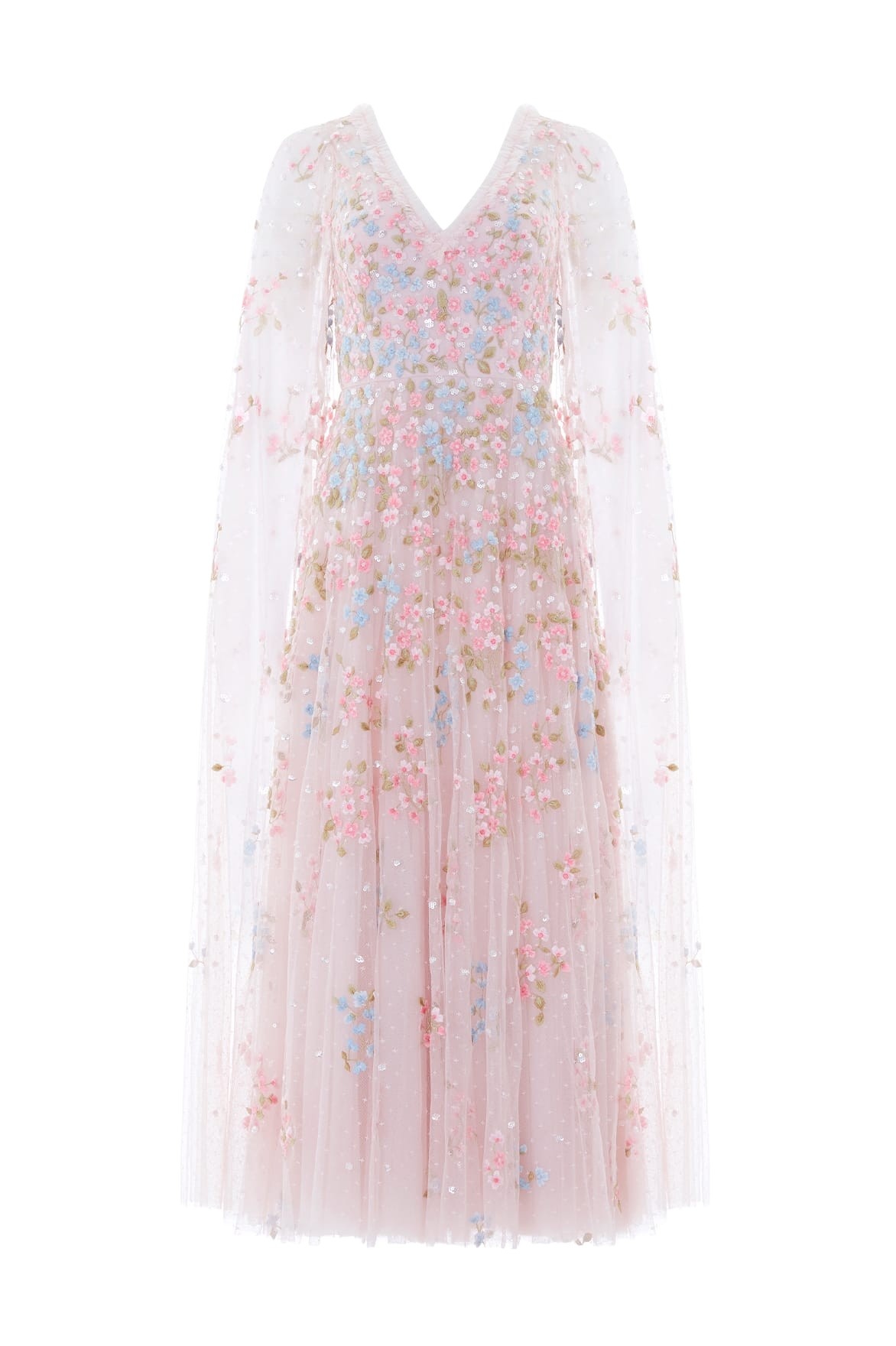Needle & Thread Versailles Ditsy V-Neck Cape Sleeve Ankle Gown in Shell/Bright - Dresses - British Luxury Evening Wear at Coveti