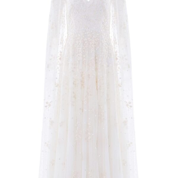 Needle & Thread Versailles Ditsy V-Neck Cape Sleeve Ankle Gown in Swan White - Dresses - British Luxury Evening Wear at Coveti