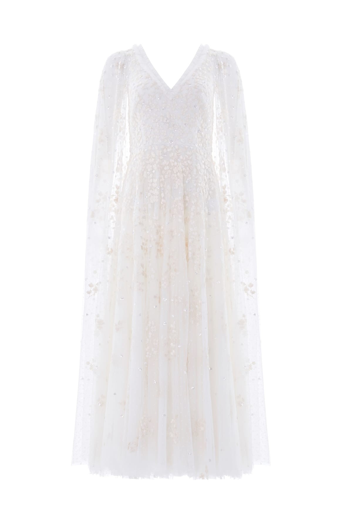 Needle & Thread Versailles Ditsy V-Neck Cape Sleeve Ankle Gown in Swan White - Dresses - British Luxury Evening Wear at Coveti