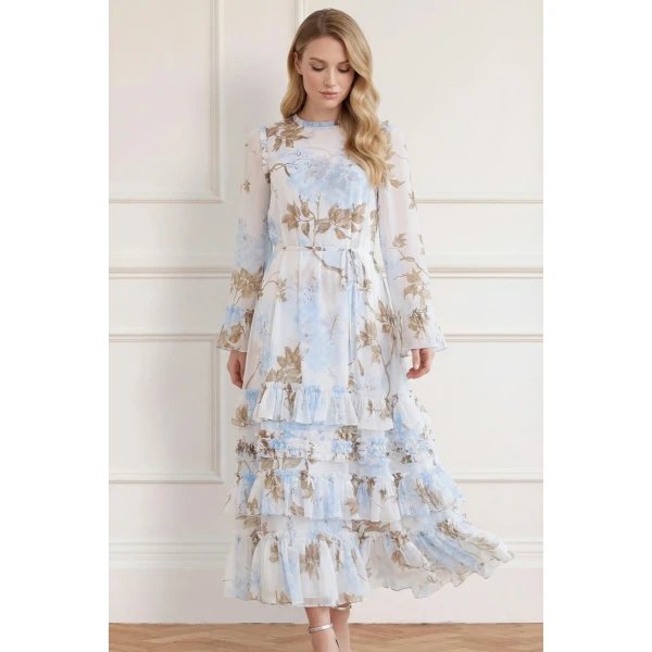 Needle & Thread Wisteria Chiffon Round Neck Ankle Gown in Optic White/Blue - Dresses - British Luxury Evening Wear at Coveti