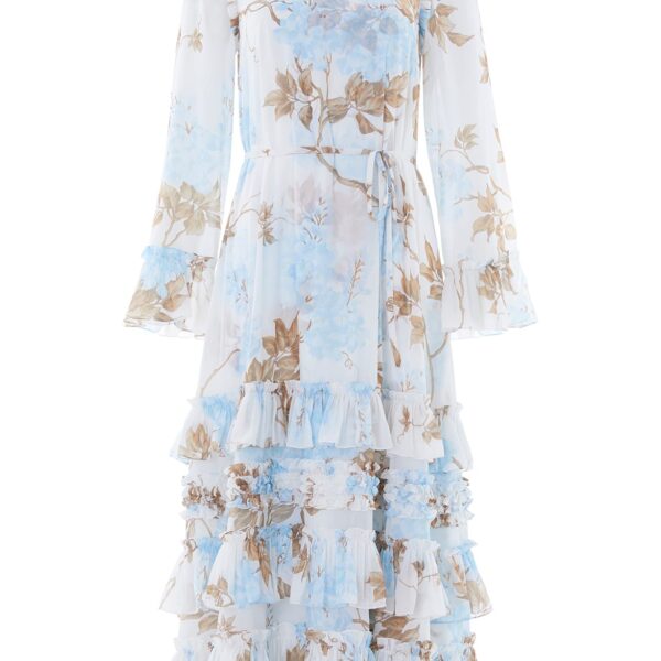 Needle & Thread Wisteria Chiffon Round Neck Ankle Gown in Optic White/Blue - Dresses - British Luxury Evening Wear at Coveti