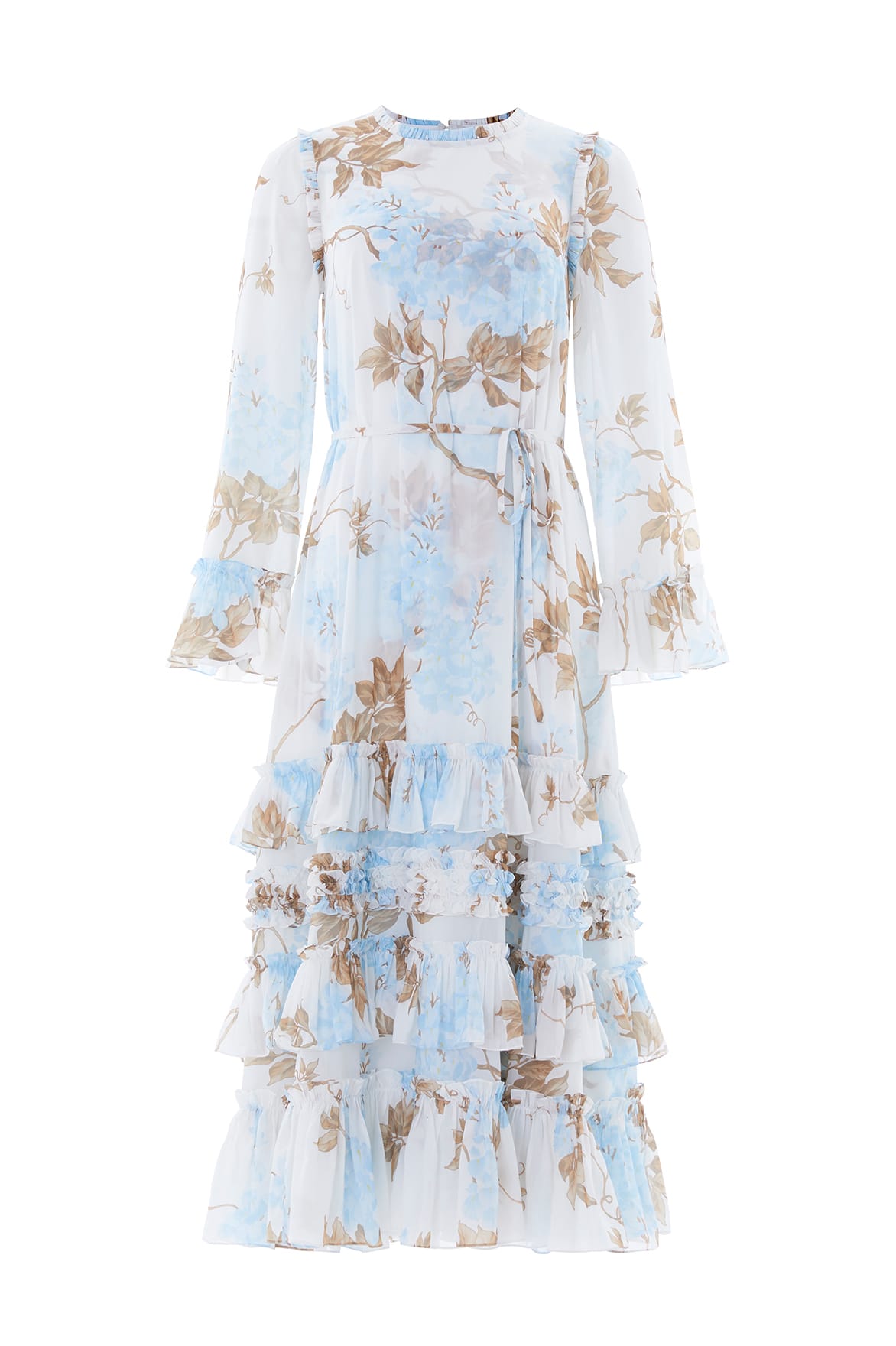 Needle & Thread Wisteria Chiffon Round Neck Ankle Gown in Optic White/Blue - Dresses - British Luxury Evening Wear at Coveti