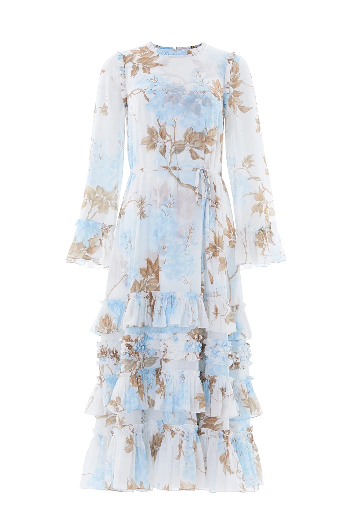 Needle & Thread Wisteria Chiffon Round Neck Ankle Gown in Optic White/Blue - Dresses - British Luxury Evening Wear at Coveti Needle & Thread Wisteria Chiffon Round Neck Ankle Gown in Optic White/Blue - Dresses - British Luxury Evening Wear at Coveti