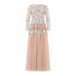 Needle & Thread Wisteria Dot Long Sleeve Gown in Biscuit/Blue - Dresses - British Luxury Evening Wear at Coveti