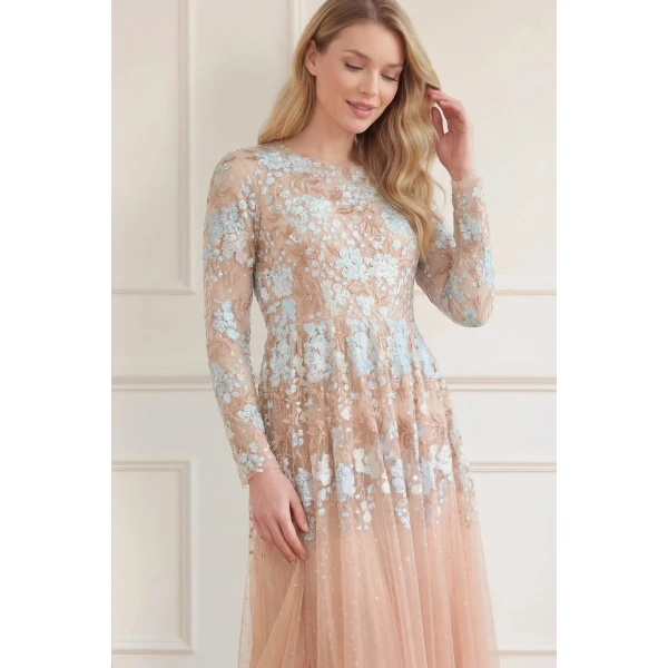Needle & Thread Wisteria Dot Long Sleeve Gown in Biscuit/Blue - Dresses - British Luxury Evening Wear at Coveti
