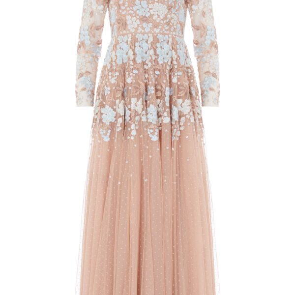 Needle & Thread Wisteria Dot Long Sleeve Gown in Biscuit/Blue - Dresses - British Luxury Evening Wear at Coveti