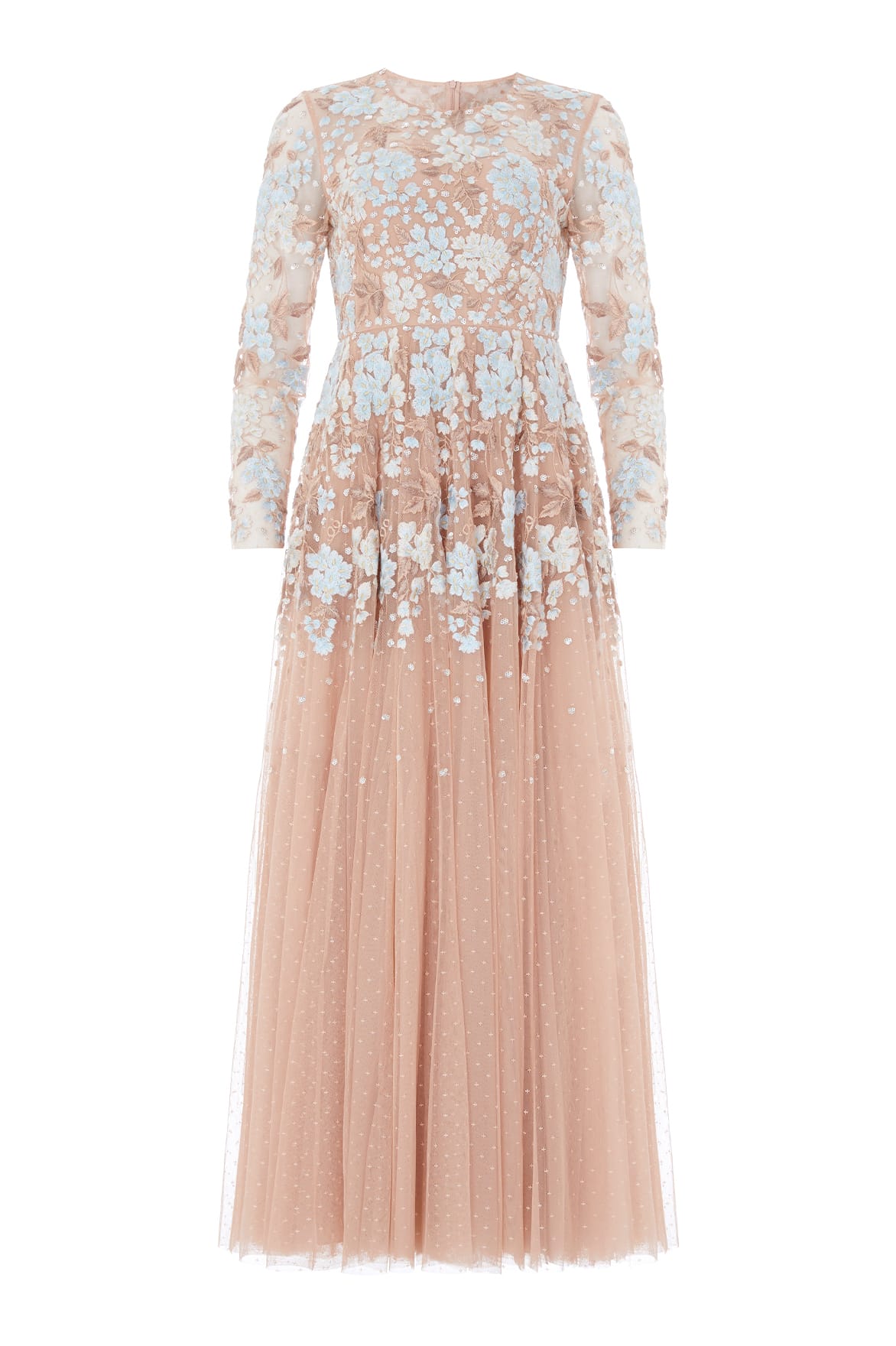 Needle & Thread Wisteria Dot Long Sleeve Gown in Biscuit/Blue - Dresses - British Luxury Evening Wear at Coveti