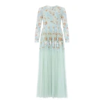 Needle & Thread Wisteria Dot Long Sleeve Gown in Sea/Mist - Dresses - British Luxury Evening Wear at Coveti