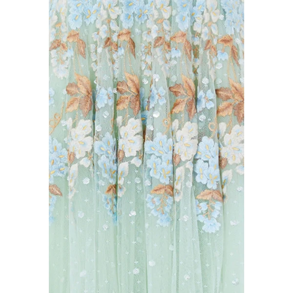 Needle & Thread Wisteria Dot Long Sleeve Gown in Sea/Mist - Dresses - British Luxury Evening Wear at Coveti