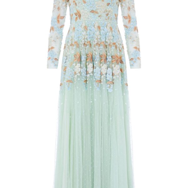 Needle & Thread Wisteria Dot Long Sleeve Gown in Sea/Mist - Dresses - British Luxury Evening Wear at Coveti