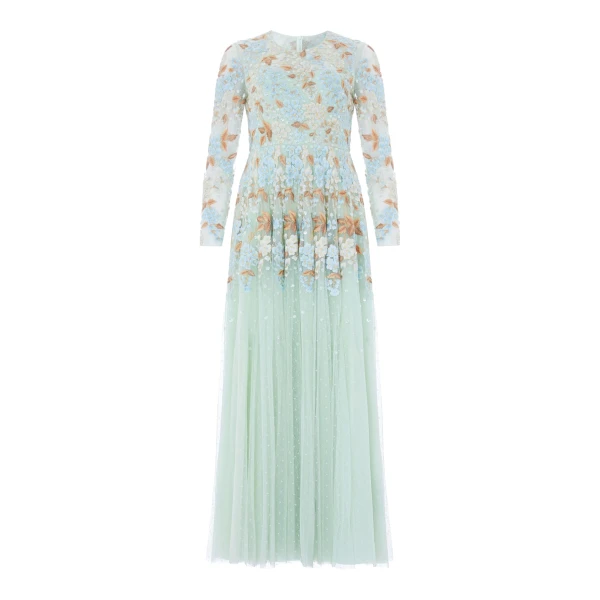 Needle & Thread Wisteria Dot Long Sleeve Gown in Sea/Mist - Dresses - British Luxury Evening Wear at Coveti