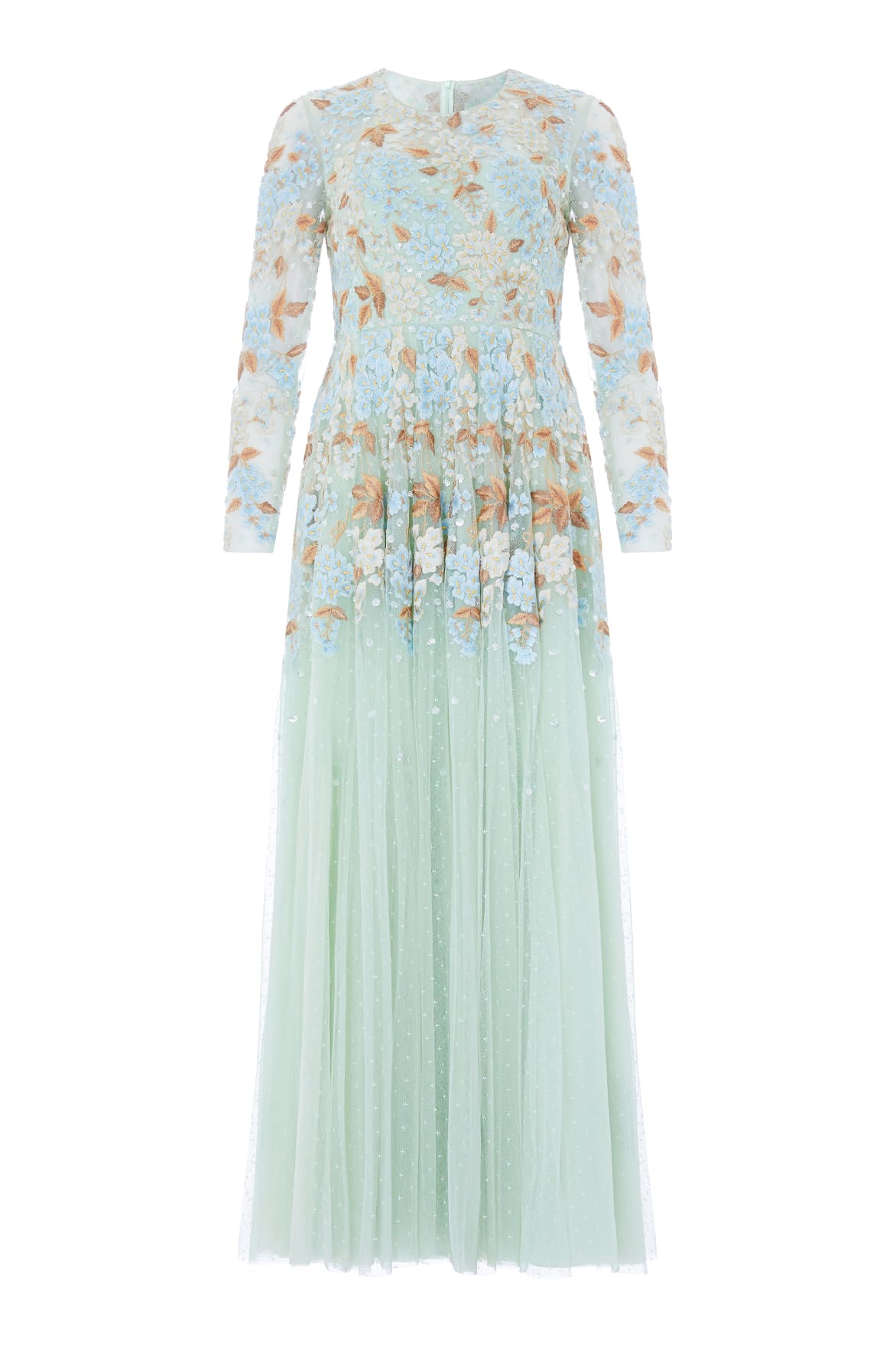 Needle & Thread Wisteria Dot Long Sleeve Gown in Sea/Mist - Dresses - British Luxury Evening Wear at Coveti