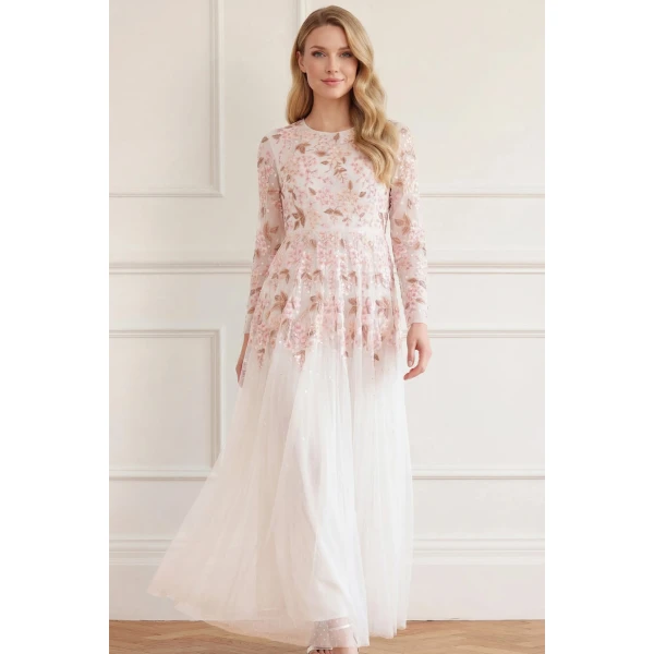 Needle & Thread Wisteria Dot Long Sleeve Gown in Swan White - Dresses - British Luxury Evening Wear at Coveti