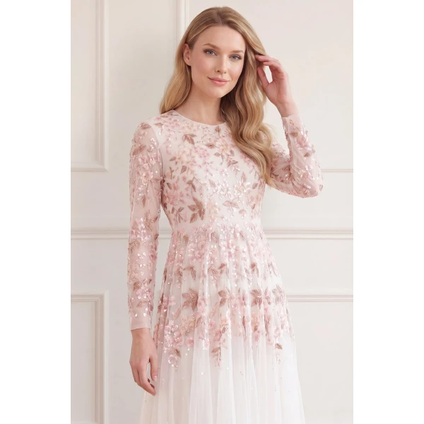 Needle & Thread Wisteria Dot Long Sleeve Gown in Swan White - Dresses - British Luxury Evening Wear at Coveti