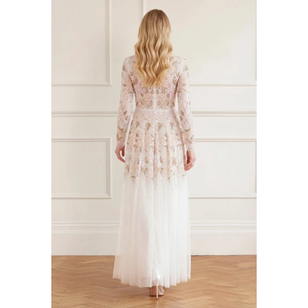 Needle & Thread Wisteria Dot Long Sleeve Gown in Swan White - Dresses - British Luxury Evening Wear at Coveti