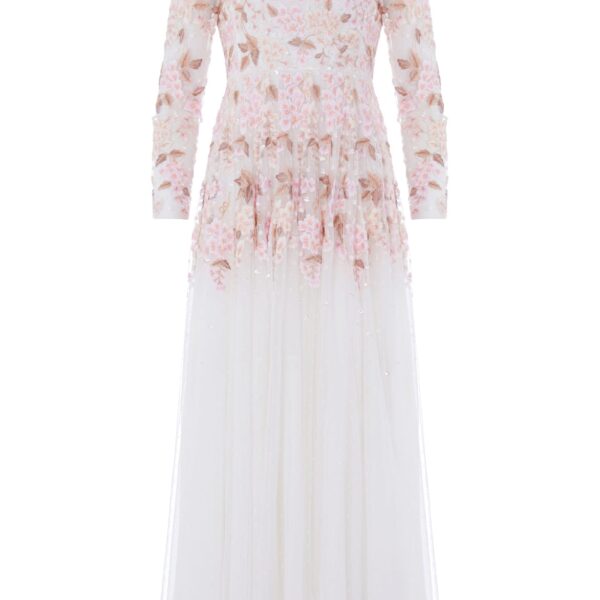 Needle & Thread Wisteria Dot Long Sleeve Gown in Swan White - Dresses - British Luxury Evening Wear at Coveti