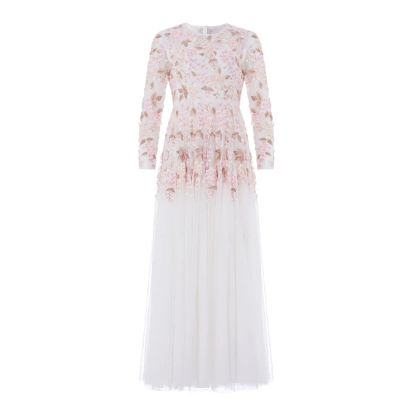 Needle & Thread Wisteria Dot Long Sleeve Gown in Swan White - Dresses - British Luxury Evening Wear at Coveti